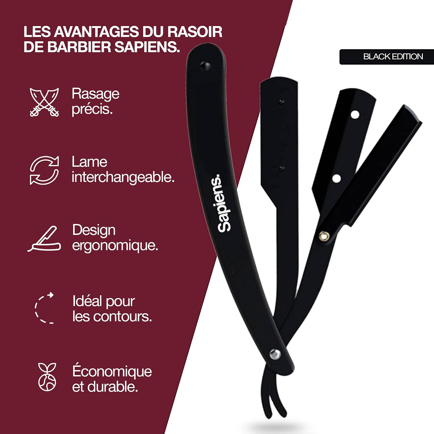 Rasoir Coupe Choux Barbe - Rasoir Barbier Homme à Lame Interchangeable + 25 Demi-Lames + Pochette de Transport - Straight Razor - Black Edition