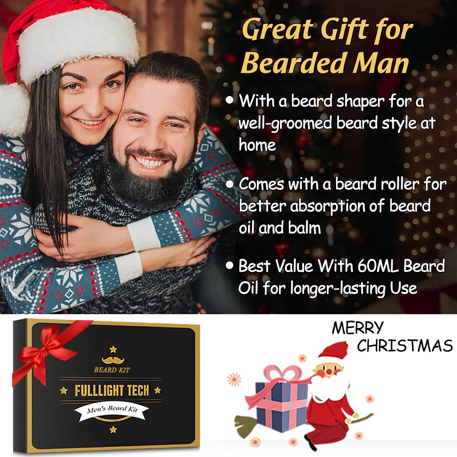 Cadeau Noel Homme,Kit De Coffret Soin Barbe Homme Complet Produit avec Shampoing,Huile Barbe,Peigne,Brosse,Ciseaux,Baume a Barbe,Kit Entretien et Soin pour Homme Original,Idée Cadeau pour son Copain Noir