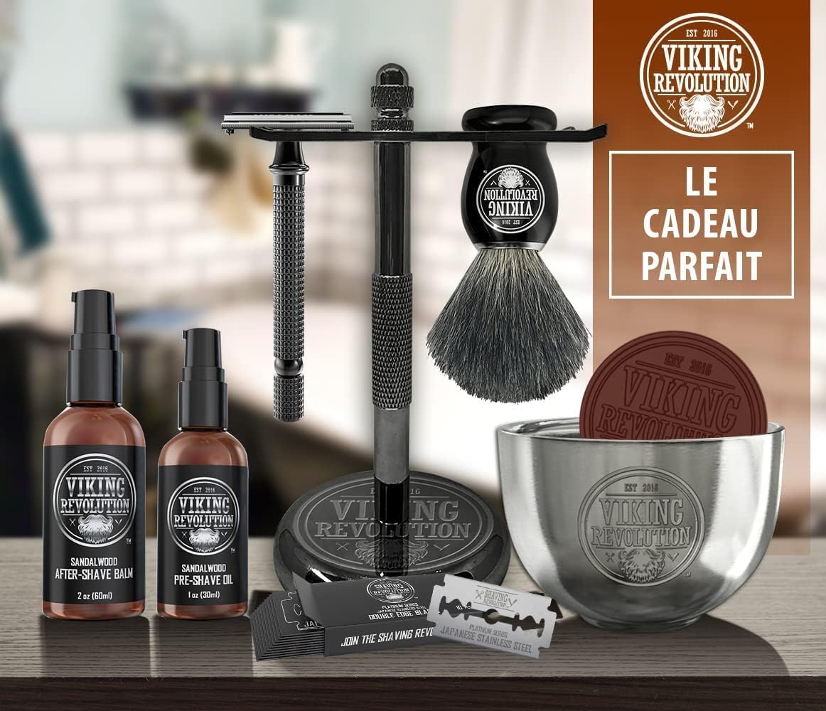 Kit Rasage Homme Complet de Luxe - Comprend un Rasoir de Sécurité, un Support, un Bol, un Baume Après-Rasage, une Huile Avant-Rasage & un Blaireau - Cadeau Homme