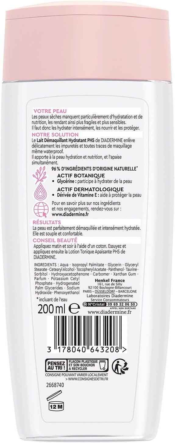 Lait Démaquillant Visage, Yeux et Lèvres - Hydratant - PH5 - Peaux Sèches et Sensibles - Hydrate et Apaise - Nettoyant - 96% d'ingrédients d'origine naturelle - Flacon de 200 ml