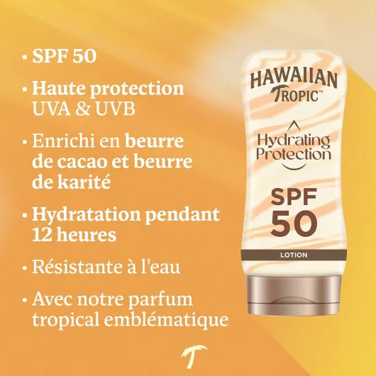 Hydrating Protection Crème Solaire Lotion - SPF 50-180ml - Protection solaire élevée anti-UVA & UVB, résiste à l'eau, hydratation 12h, léger, au cacao & beurre de karité formule végane 180 ml (Lot de 1) Hawaiian Tropic - Lotion Protectrice