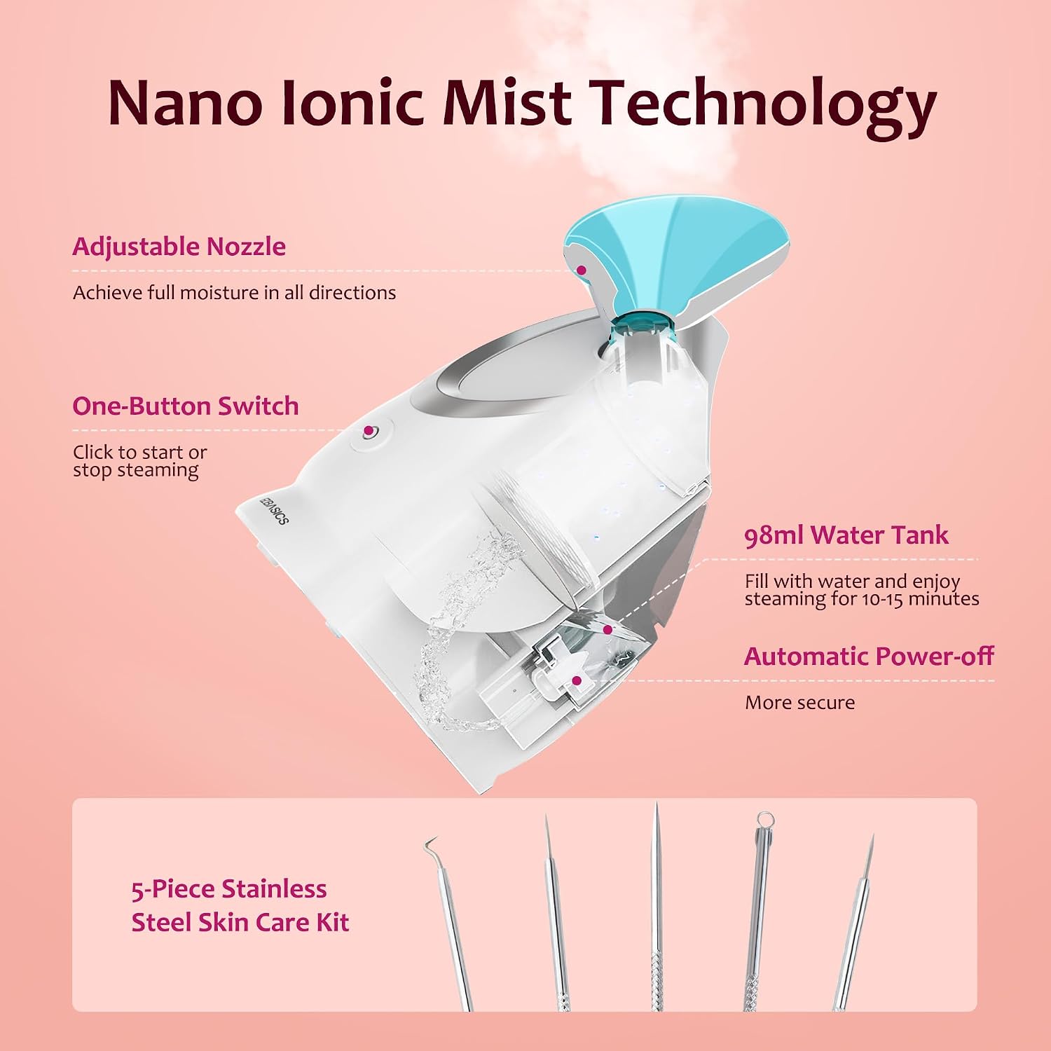 Vapeur Visage Vaporisateur EZBASICS Sauna Spa Facial Chaude Nano Ionique Visage Steamer Humidificateur Appareil Outils Nettoyage Pores 1 Pack + 5 Stainless Steel Skin Kit Clair Blanc