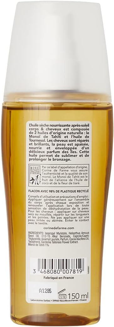 Huile Après-Soleil Nourrissante Corps Cheveux 150ml - Huile Après-Soleil Nourrissante - Nourrit, Hydrate & Répare - Monoï De Tahiti & Huile D'Argane - Corps & Cheveux Huile d'argan 150 ml (Lot de 1)