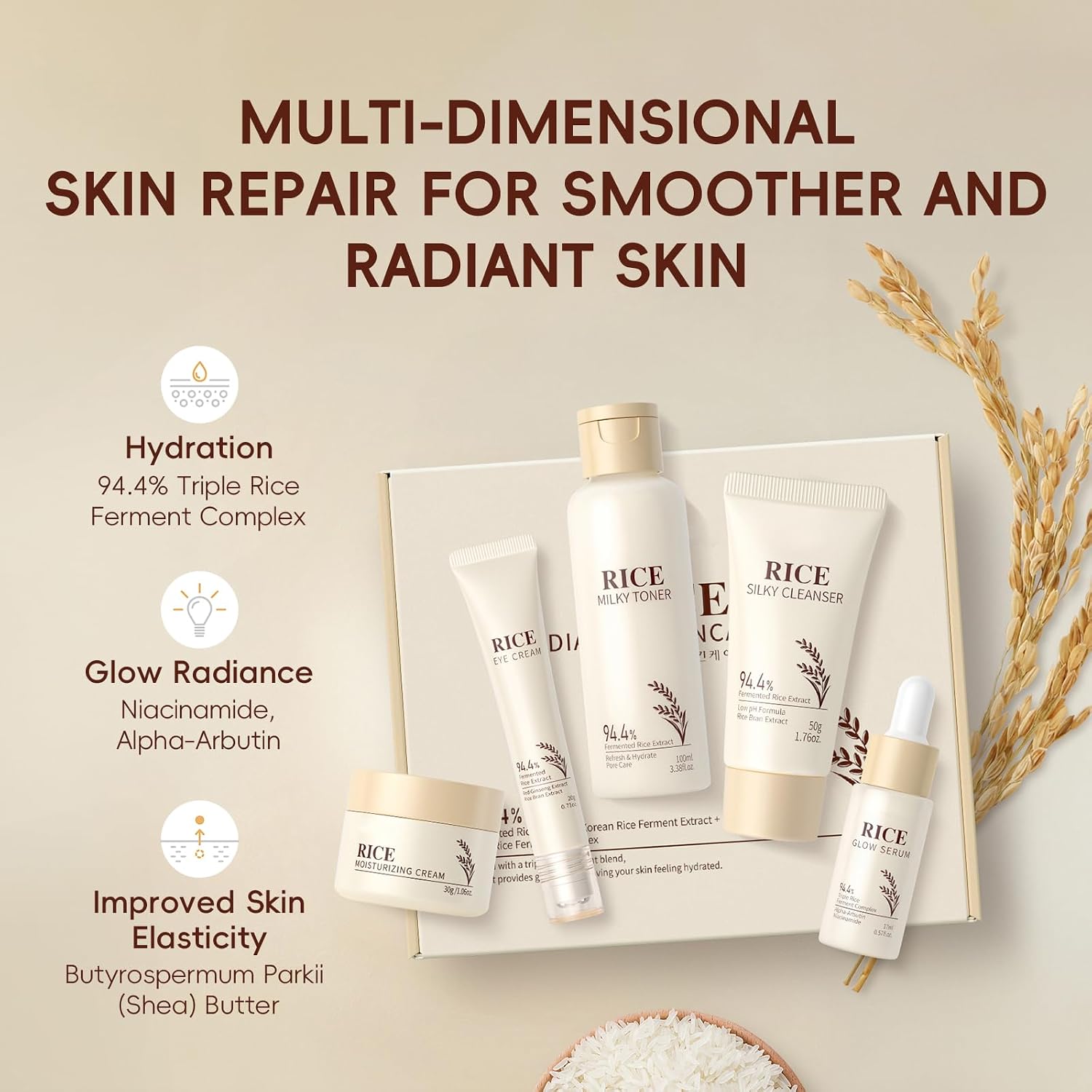 Riz Ensemble de Soins de la Peau 5 Pièces Skincare voyage - Coffret Soin Visage Voyage Femme, avce Nettoyant Toner Contour des Yeux Sérum Crème Hydrat, pour Nourrir et Revitaliser Peau 5pcs