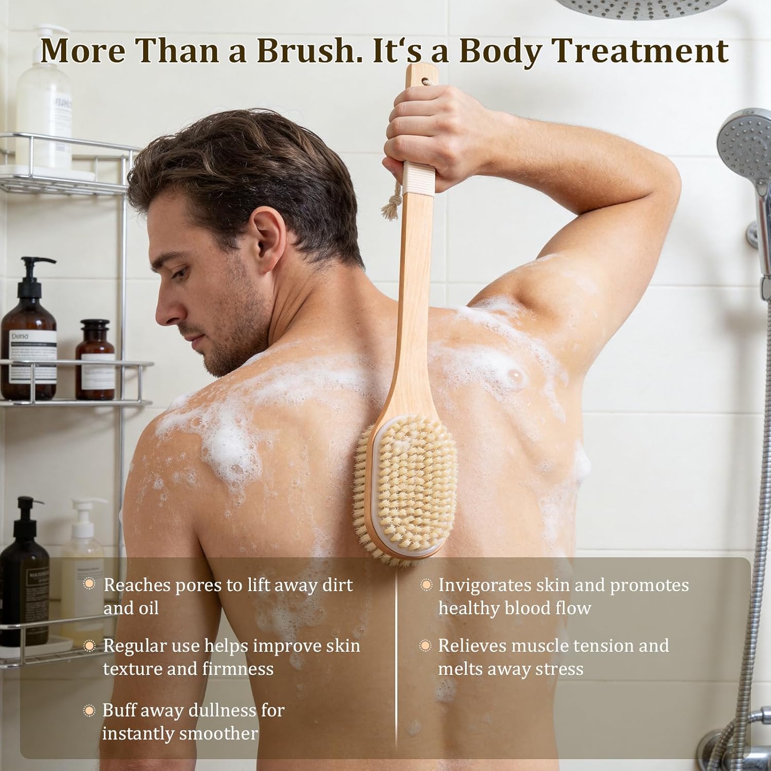 Brosse Dos Douche Long Manche, Utilisation Humide et Sèche Brosse Dos Brosse Exfoliante Corps, 43 cm Longueur - Brosse double face pour dos, jambes et pieds, à sec ou sous la douche, pour adultes, seniors et tous types de peau
