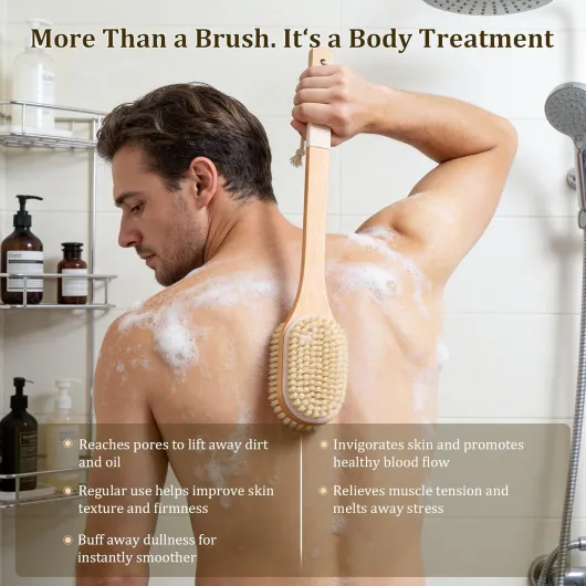 Brosse Dos Douche Long Manche, Utilisation Humide et Sèche Brosse Dos Brosse Exfoliante Corps, 43 cm Longueur - Brosse double face pour dos, jambes et pieds, à sec ou sous la douche, pour adultes, seniors et tous types de peau
