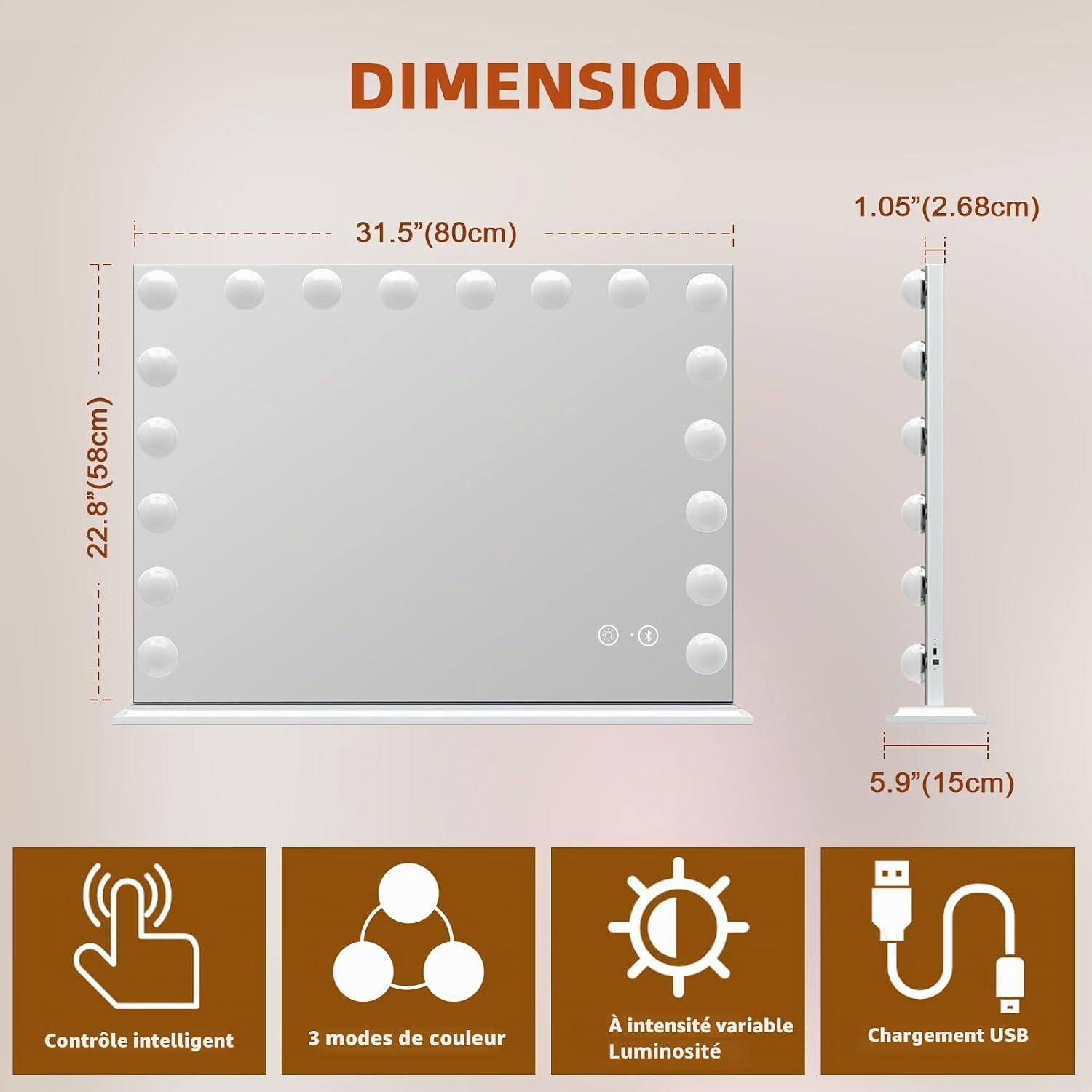 Miroir Maquillage Lumineux Bluetooth avec18 Ampoules LED 80x58cm - Miroir Coiffeuse avec 3 températures de couleur miroir grossissant x10 verre trempé pour coiffeuse et chambre à coucher 80L x 58l cm