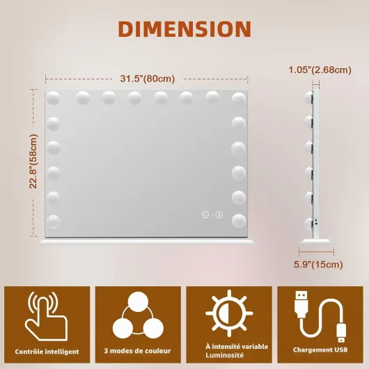 Miroir Maquillage Lumineux Bluetooth avec18 Ampoules LED 80x58cm - Miroir Coiffeuse avec 3 températures de couleur miroir grossissant x10 verre trempé pour coiffeuse et chambre à coucher 80L x 58l cm