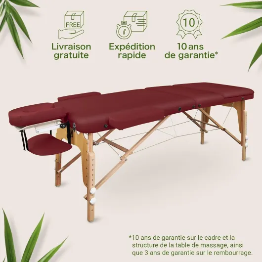 All INKL Chaise de Massage Pliante et réglable en Hauteur – Table de Massage Mobile en Bois Massif avec Housse en éponge, accoudoirs et dossiers, appuie-tête Ergonomique (Bordeaux) Bois Naturel