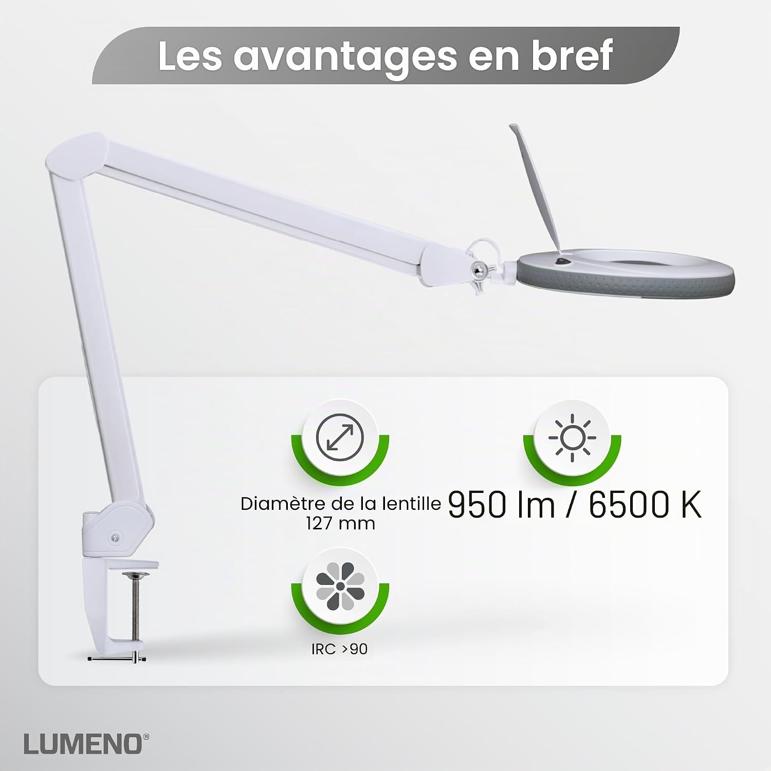 LED Lampe loupe 7213GR avec lentille en verre de 127 mm, lampe de travail, convient pour cosmétique, les bricoleurs, aide à la lecture lampe grossissante, 3 dioptries Gris avec trépied roulant Gris 3 dioptries avec trépied roulant