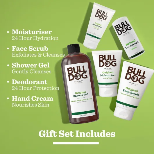 BULLDOG SKINCARE Premium Coffret Cadeau Soins du Corps pour Homme - Crème hydratante, gel douche, gommage visage, déodorant roll-on, crème pour les mains; Les essentiels Bulldog Premium Collection de soins du corps