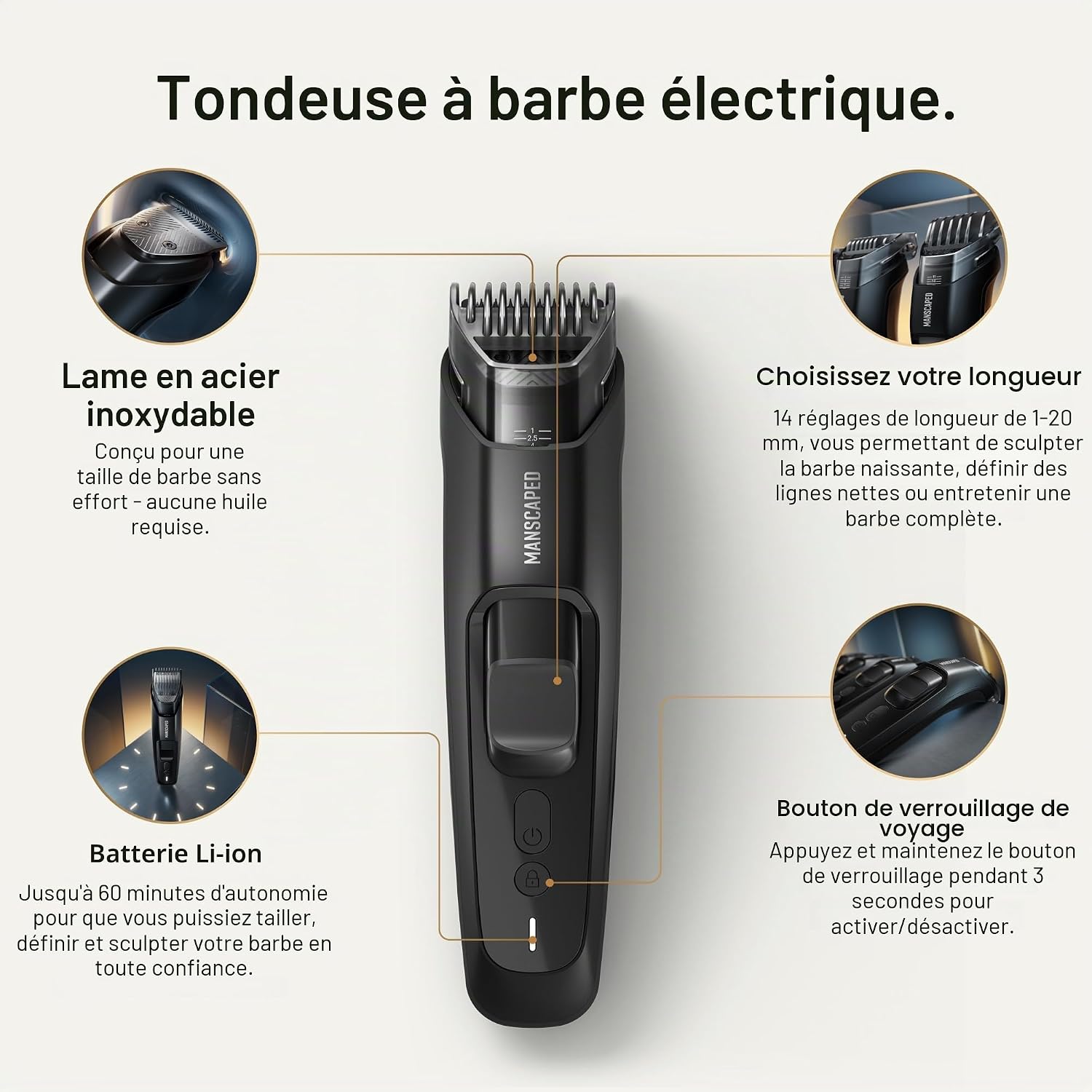 MANSCAPED® The Beard Hedger® PLUS, Tondeuse à barbe et moustache réglable pour homme avec 14 hauteurs de coupe (1–20 mm), lame en acier inoxydable, verrouillage de voyage, rechargeable par USB-C
