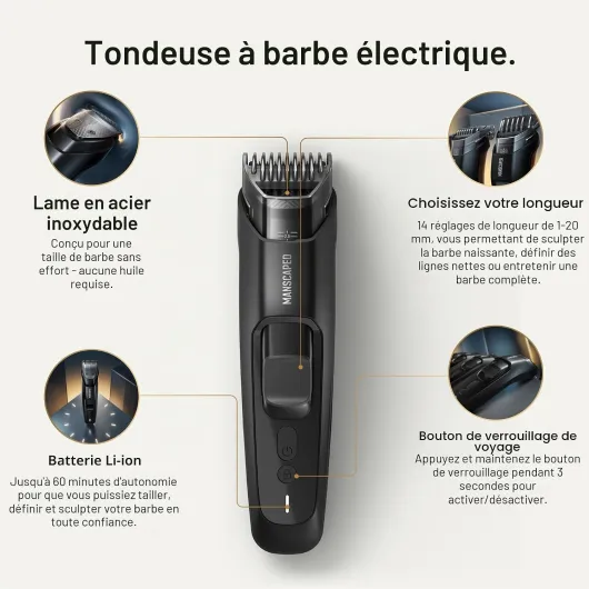 MANSCAPED® The Beard Hedger® PLUS, Tondeuse à barbe et moustache réglable pour homme avec 14 hauteurs de coupe (1–20 mm), lame en acier inoxydable, verrouillage de voyage, rechargeable par USB-C